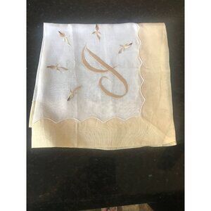Vintage Linen "J" Monogram White & Yellow Mustard Embroidered Handkerchief